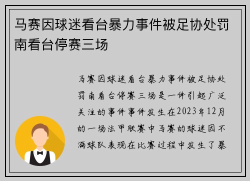 马赛因球迷看台暴力事件被足协处罚南看台停赛三场 马赛因球迷看台暴力事件被足协处罚南看台停赛三场