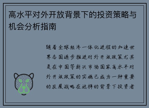 高水平对外开放背景下的投资策略与机会分析指南 高水平对外开放背景下的投资策略与机会分析指南